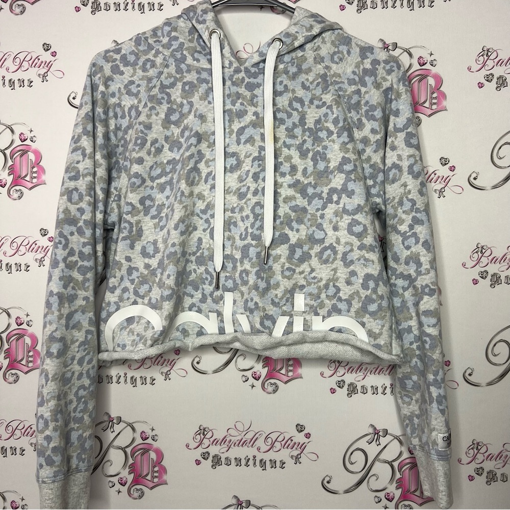 Calvin Klein performance cropped cheetah print blue grey white sweater hoodie